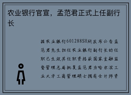 农业银行官宣，孟范君正式上任副行长