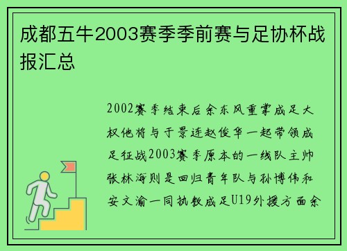成都五牛2003赛季季前赛与足协杯战报汇总